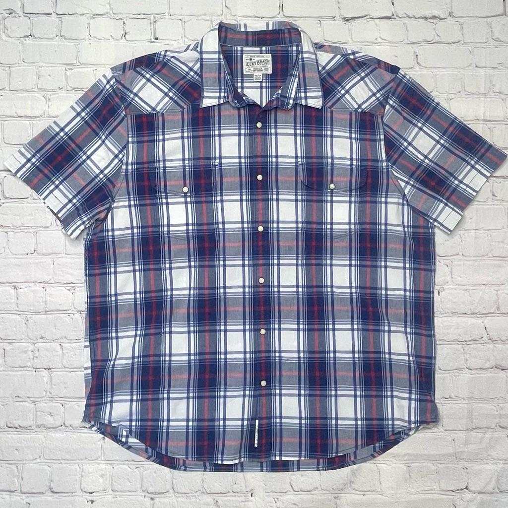 Lucky Brand Men's Western Pearl Snap Plaid Shirt - Blue/White/Red Xxl